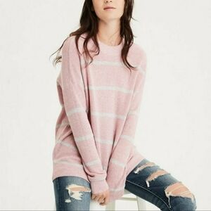 American Eagle AEO Pink Grey Striped Crewneck Pulloever Knit Sweater Jegging Fit